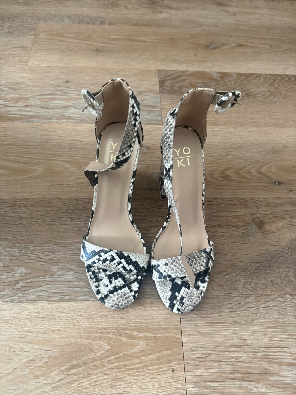 Yoki Black & White Snake-Print Ankle Strap Heels